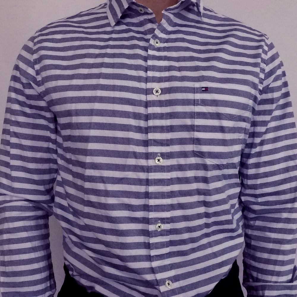 Tommy Hilfiger White & Gray Custom Fit Dress Shirt